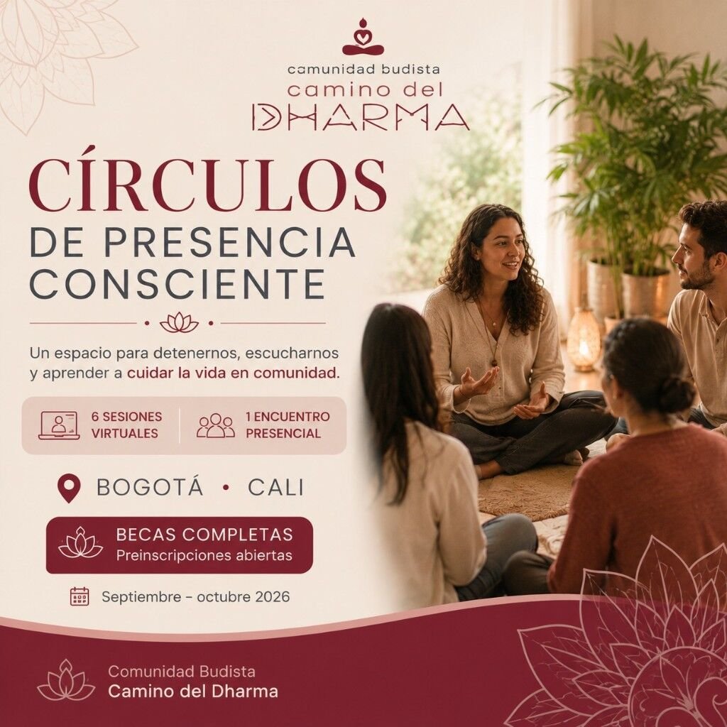 Cartel del curso Círculos de Presencia Consciente — seis sesiones virtuales y un encuentro presencial en Bogotá y Cali, con becas completas