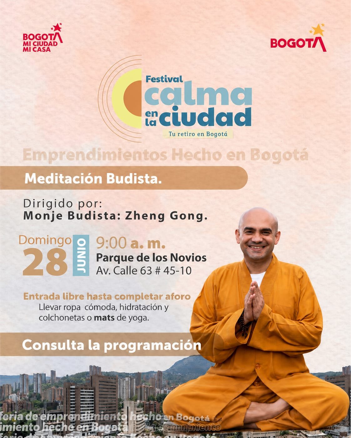 Cartel de Meditación Budista en el Festival Calma en la Ciudad — Tu retiro en Bogotá, dirigido por el Monje Buddhista Zheng Gong