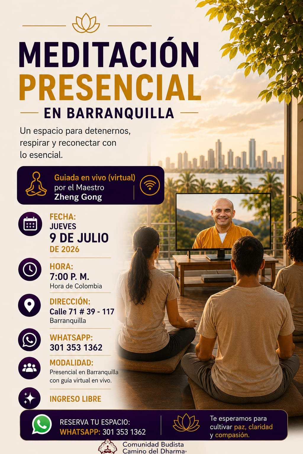 Cartel de Meditación Presencial en Barranquilla — guiada en vivo de forma virtual por el Maestro Zheng Gong