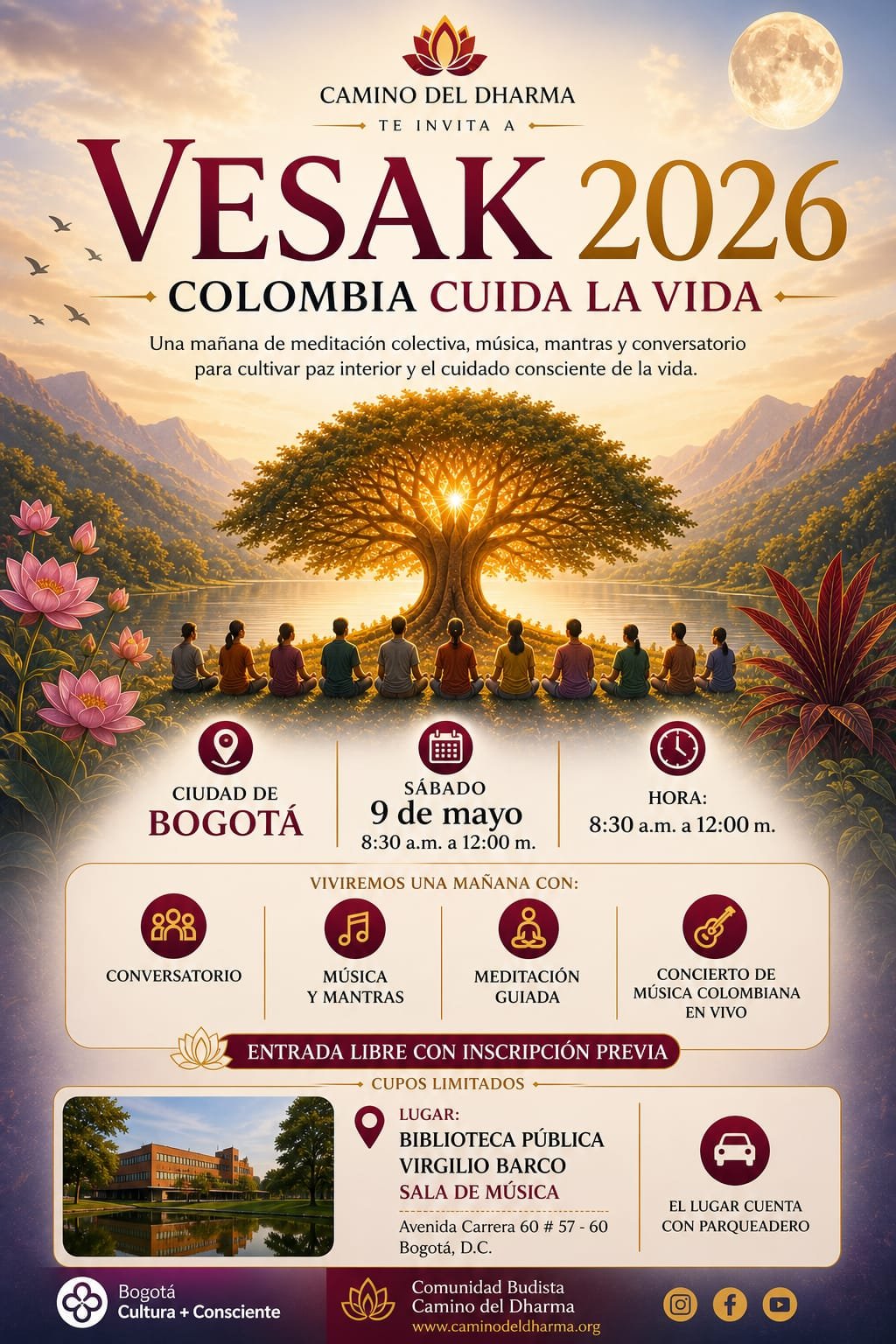 Cartel de Vesak 2026 – Colombia Cuida la Vida, celebración en la Biblioteca Pública Virgilio Barco de Bogotá
