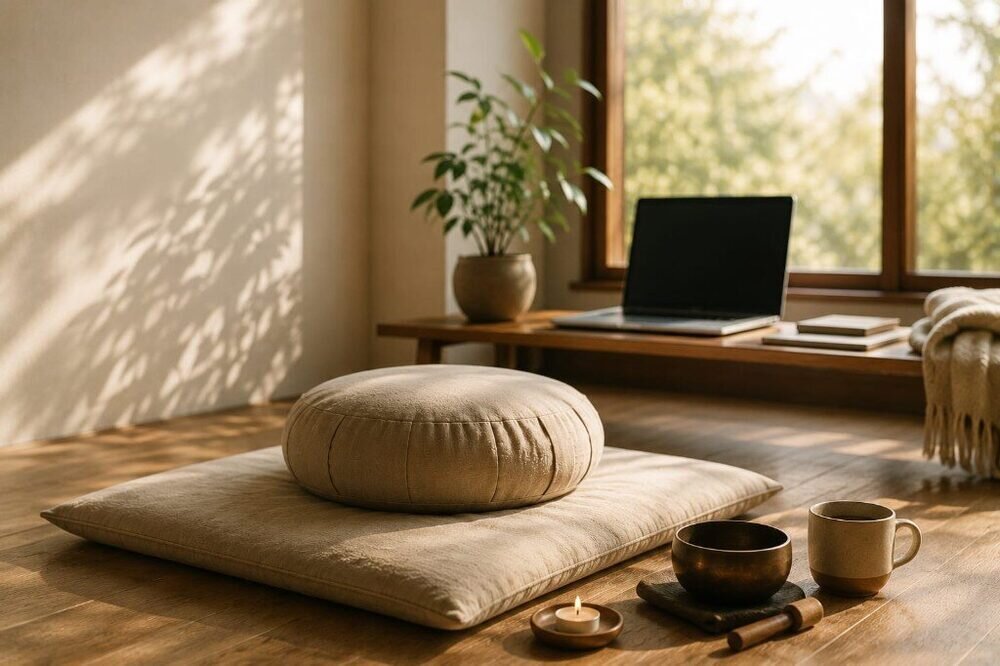 Espacio de meditación con cojines y portátil preparado para la práctica en línea