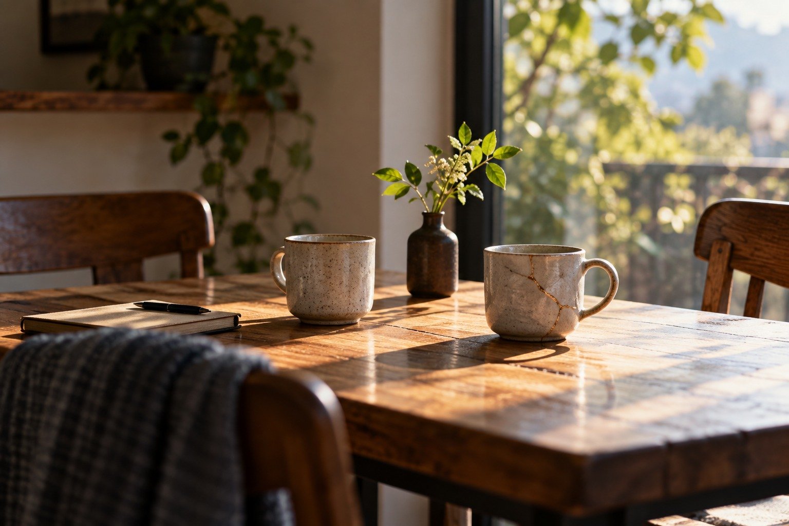 Dos tazas de cerámica sobre una mesa de madera junto a una ventana; una de ellas está reparada con la técnica del kintsugi, junto a un cuaderno, un lapicero y un jarrón con ramas, con luz cálida de tarde.