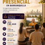 Cartel de Meditación Presencial en Barranquilla — guiada en vivo de forma virtual por el Maestro Zheng Gong