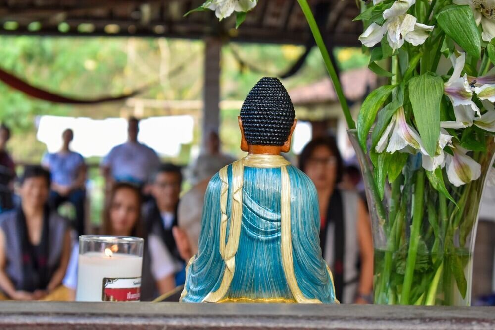 Vista trasera de una figura de Buda en un altar rodeada de flores blancas, con personas meditando al fondo.