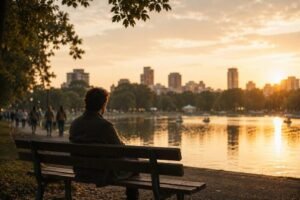 Persona sentada en un banco al atardecer, frente a un lago y la ciudad